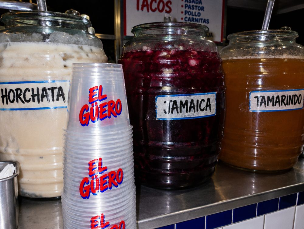 Vitrolero de agua fresca junto a vasos transparentes impresos / Agua fresca jar next to printed clear cups